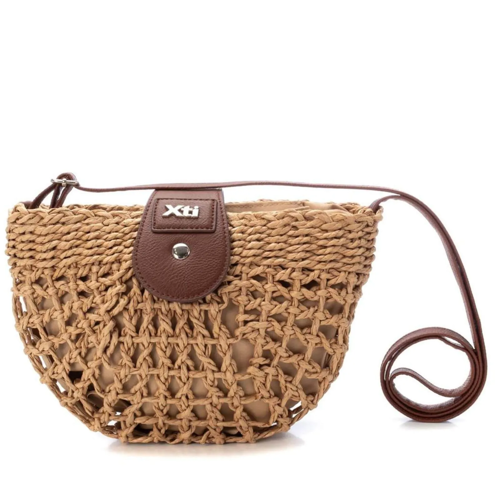 XTI Raffia Half Moon Crossbody Bag - Taupe